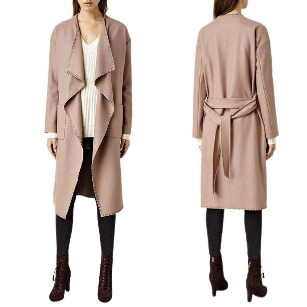 AllSaints Paxx Italian Wool Wrap Waterfall Trench Coat Dune Small Winter Jacket - Picture 3 of 15